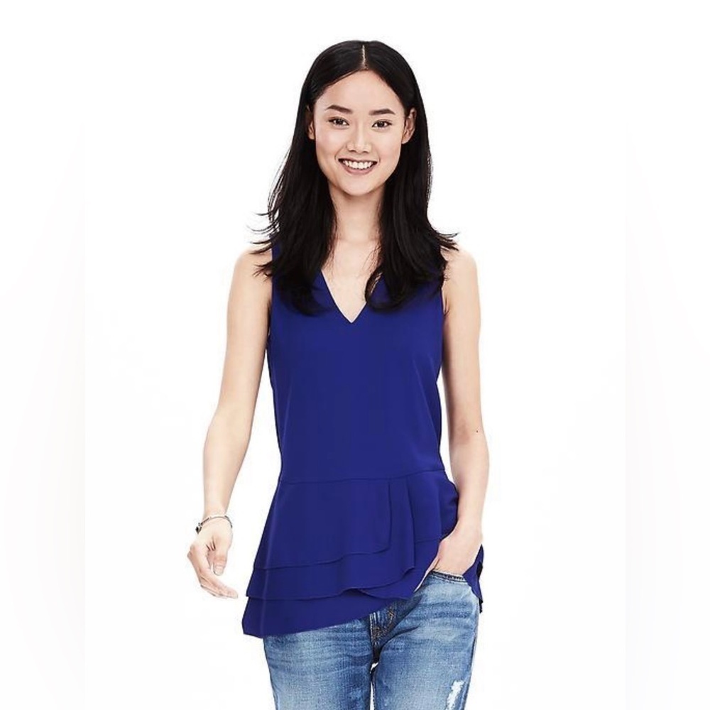 Banana Republic Asymmetrical Ruffle Royal Blue Tank Blouse Dropped Waist Sz XS